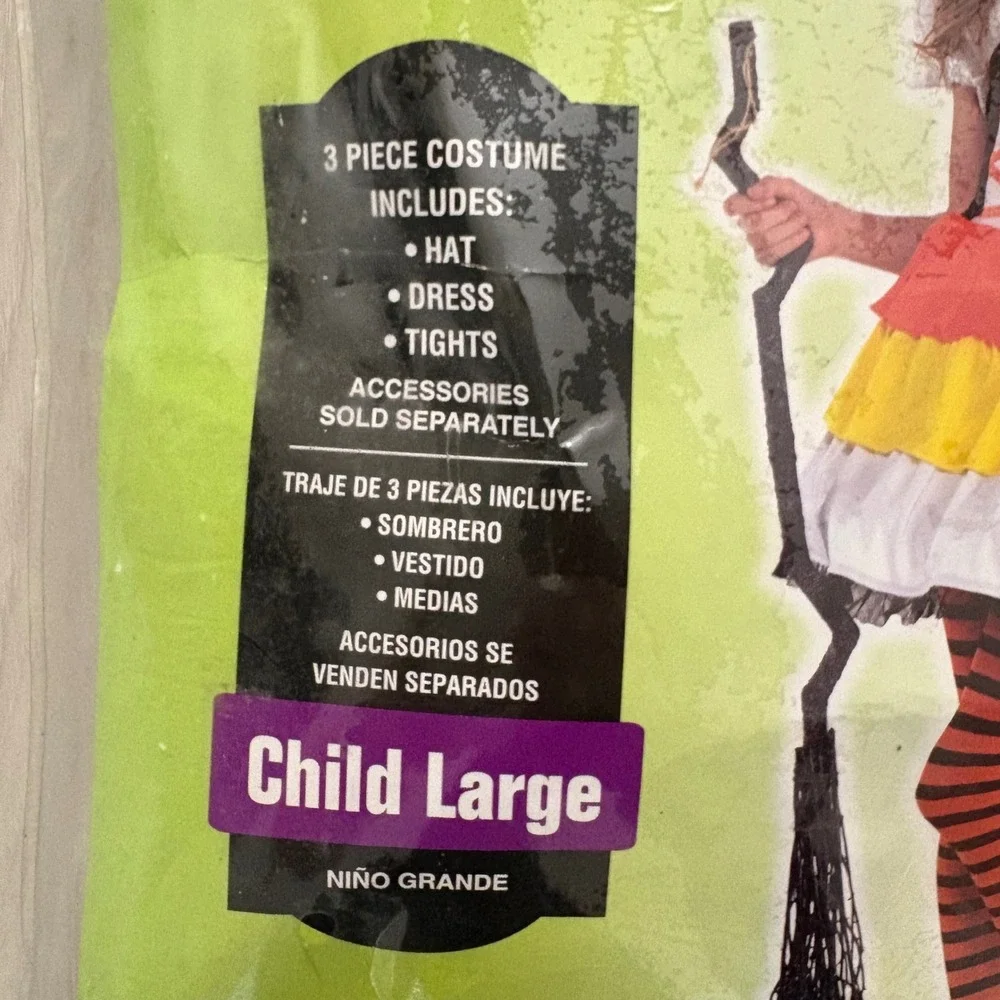 Trick or Treat Brujita Halloween Girl Costume Witch Dress Hat Tights Size Large